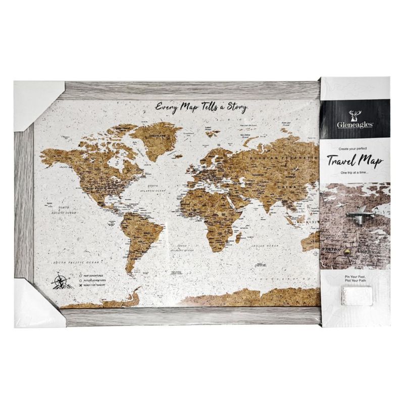 Tablón de corcho gris Cello 54 × 36 cm – Mapa del mundo con 70 chinchetas