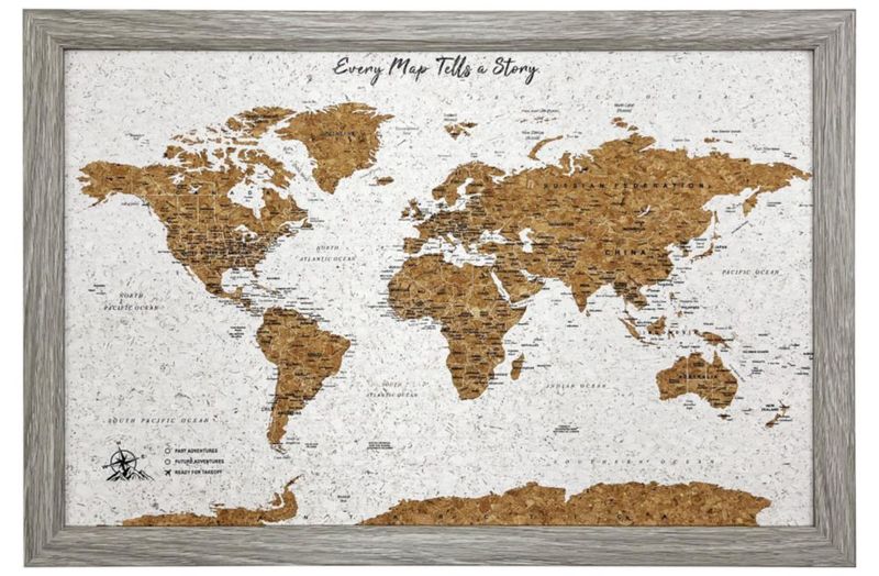Tablón de corcho gris Cello 54 × 36 cm – Mapa del mundo con 70 chinchetas