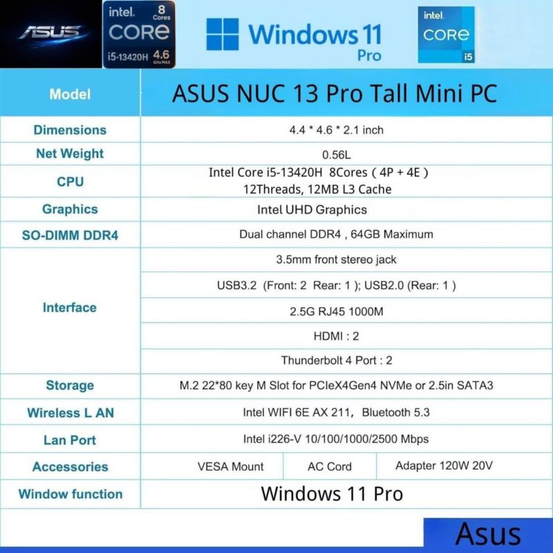 Mini PC ASUS i5-13420H 16 GB RAM 512 GB SSD Windows 11 Pro
