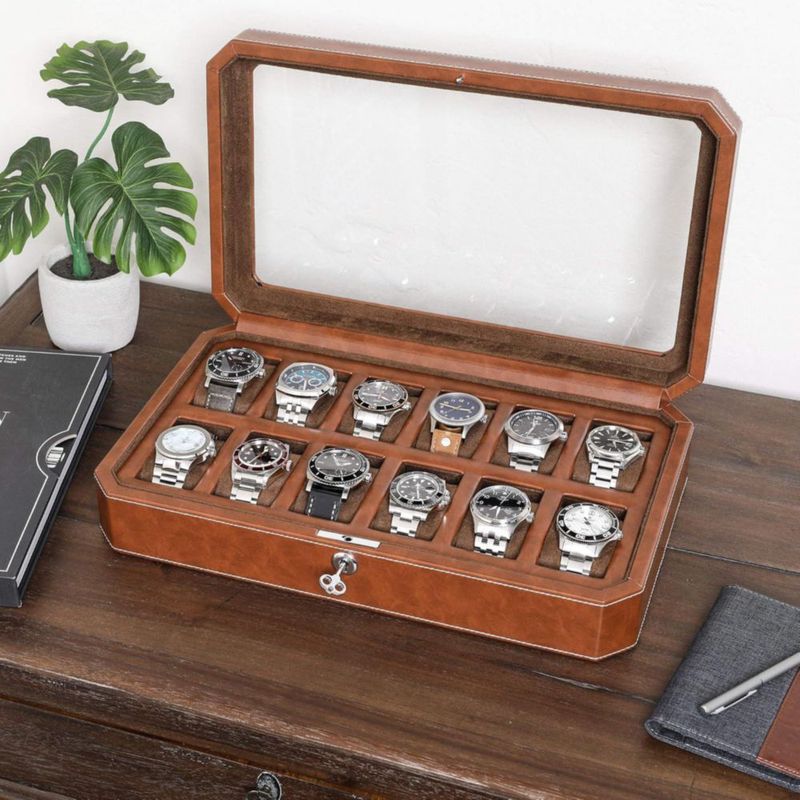 Caja de relojes ROTHWELL de 12 compartimentos en cuero color tostado/marrón