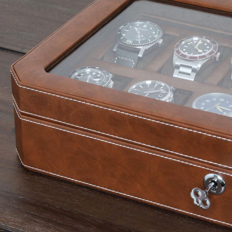 Caja de relojes ROTHWELL de 12 compartimentos en cuero color tostado/marrón