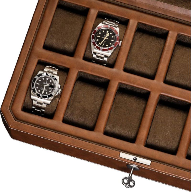 Caja de relojes ROTHWELL de 12 compartimentos en cuero color tostado/marrón