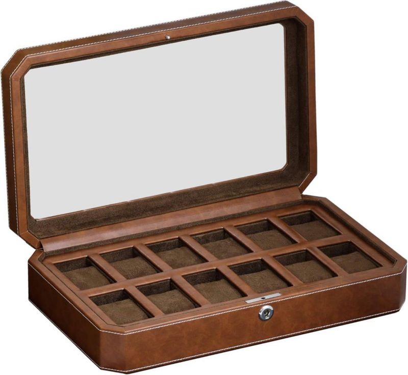 Caja de relojes ROTHWELL de 12 compartimentos en cuero color tostado/marrón