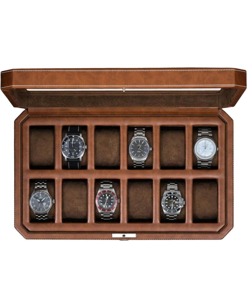 Caja de relojes ROTHWELL de 12 compartimentos en cuero color tostado/marrón