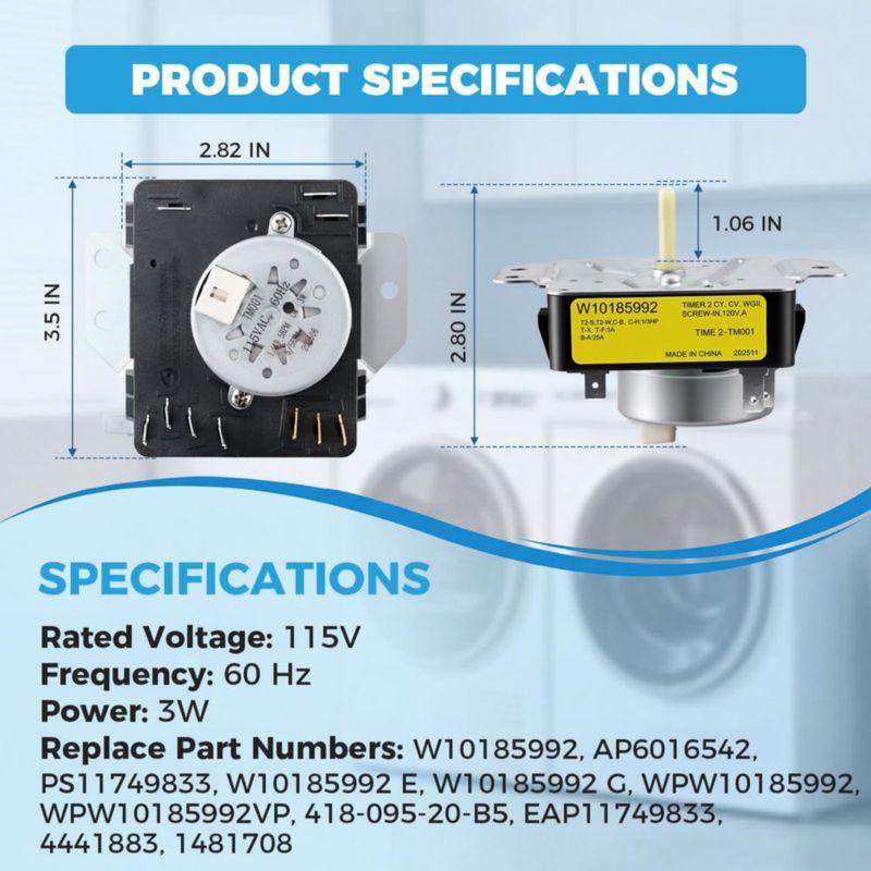 Temporizador de secadora TOVEN-RV WPW10185992 115V 60Hz