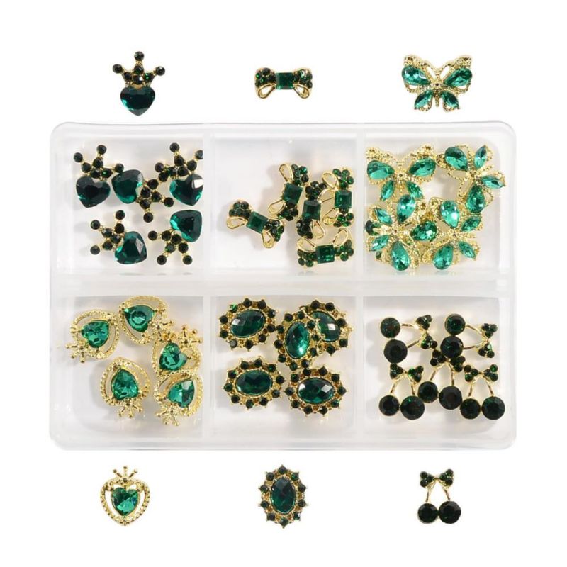 Encantos para uñas WEILUSI 30 piezas verde esmeralda con strass