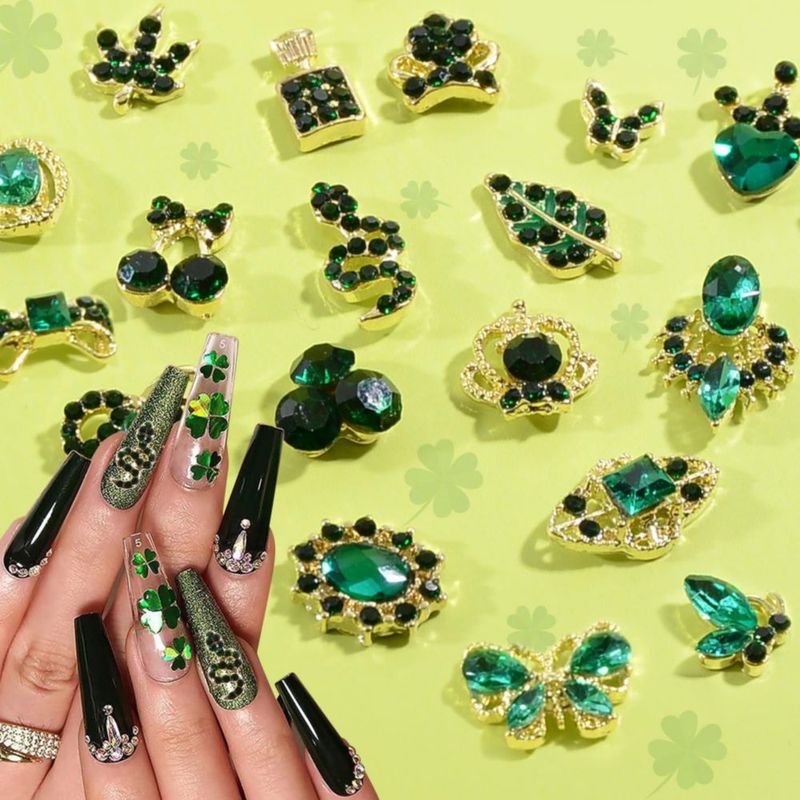 Encantos para uñas WEILUSI 30 piezas verde esmeralda con strass