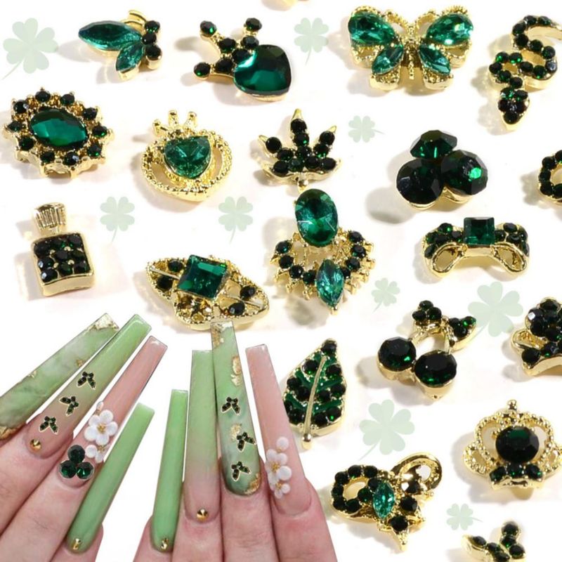Encantos para uñas WEILUSI 30 piezas verde esmeralda con strass