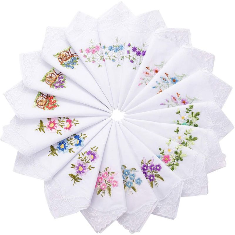 Paquetes de 18 pañuelos de algodón Geyoga 28 cm con encaje floral