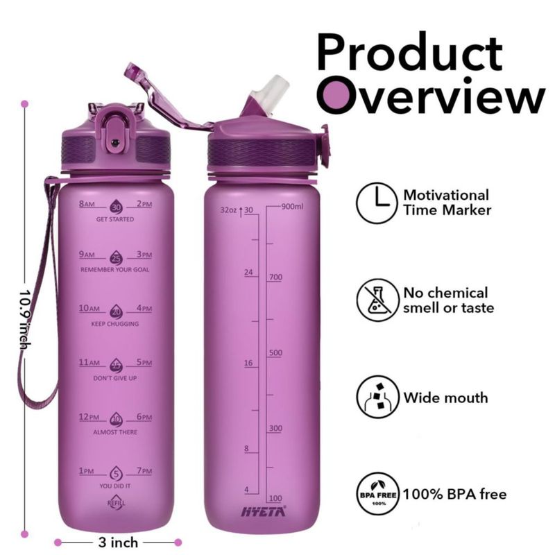 Botella de agua Hyeta 950 ml con pajilla y marcador horario