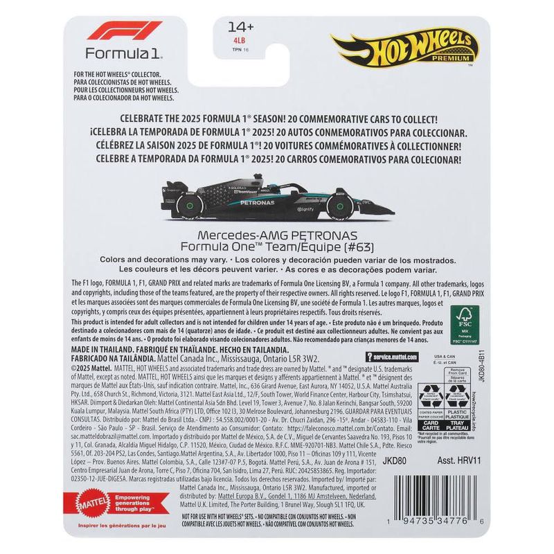 Coche de juguete Hot Wheels escala 1:64 Fórmula 1