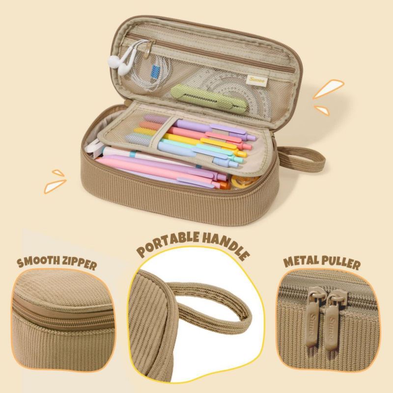 Estuche para lápices SUNEE grande de pana color caqui 22 × 10 × 6 cm