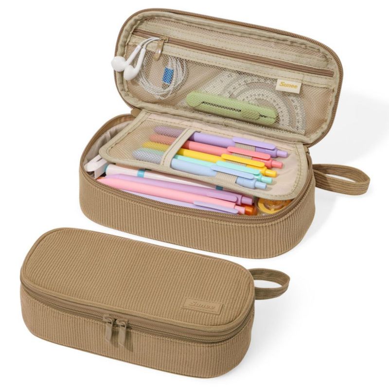 Estuche para lápices SUNEE grande de pana color caqui 22 × 10 × 6 cm