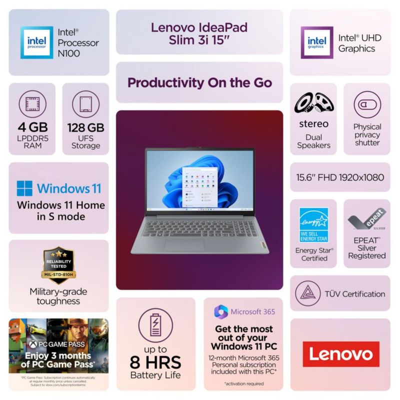 Portátil Lenovo IdeaPad Slim 3i de 15.6" FHD con SSD de 128 GB