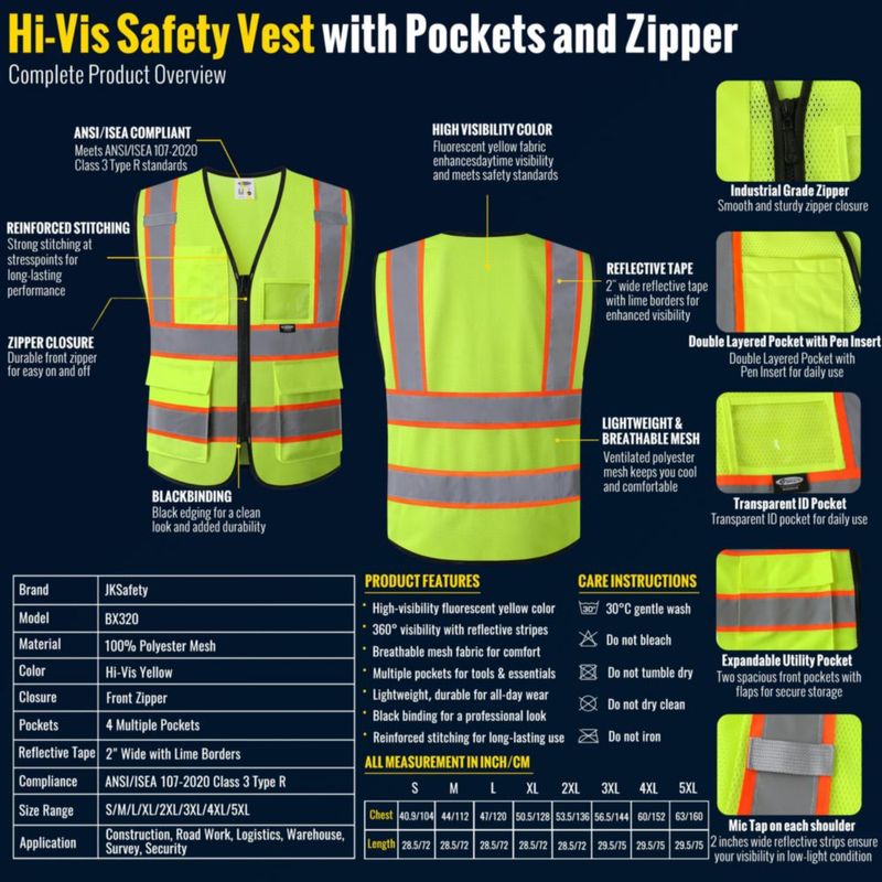 Chaleco de Seguridad JKSafety 2XL Amarillo de Alta Visibilidad con Bolsillos