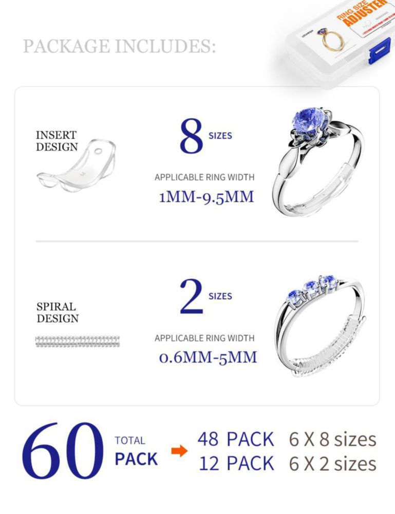 Ajustador de talla de anillos ELETIUO 60 unidades 2 estilos 1.5‑9.5 mm