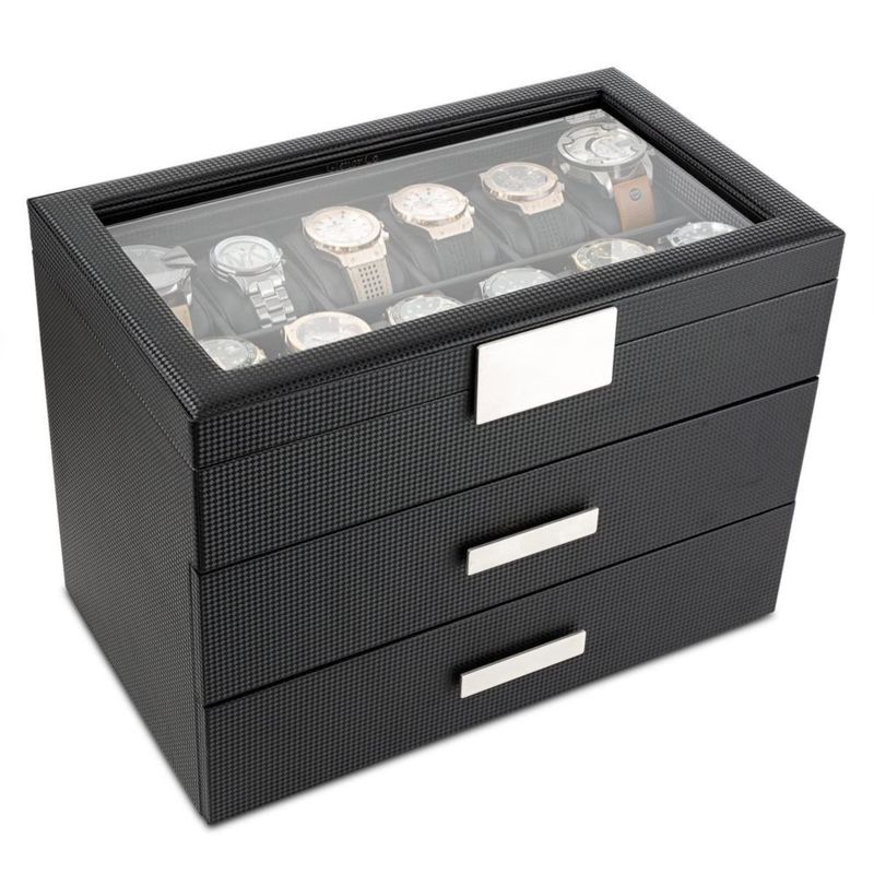 Caja de relojes Glenor de 36 compartimentos fibra de carbono negra