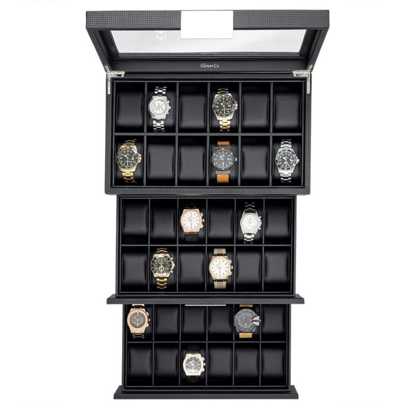Caja de relojes Glenor de 36 compartimentos fibra de carbono negra