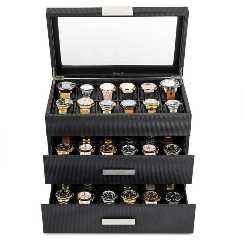 Caja de relojes Glenor de 36 compartimentos fibra de carbono negra