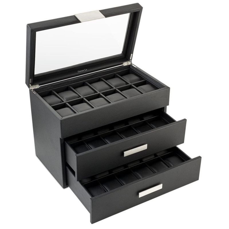 Caja de relojes Glenor de 36 compartimentos fibra de carbono negra