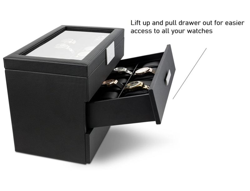 Caja de relojes Glenor de 36 compartimentos fibra de carbono negra