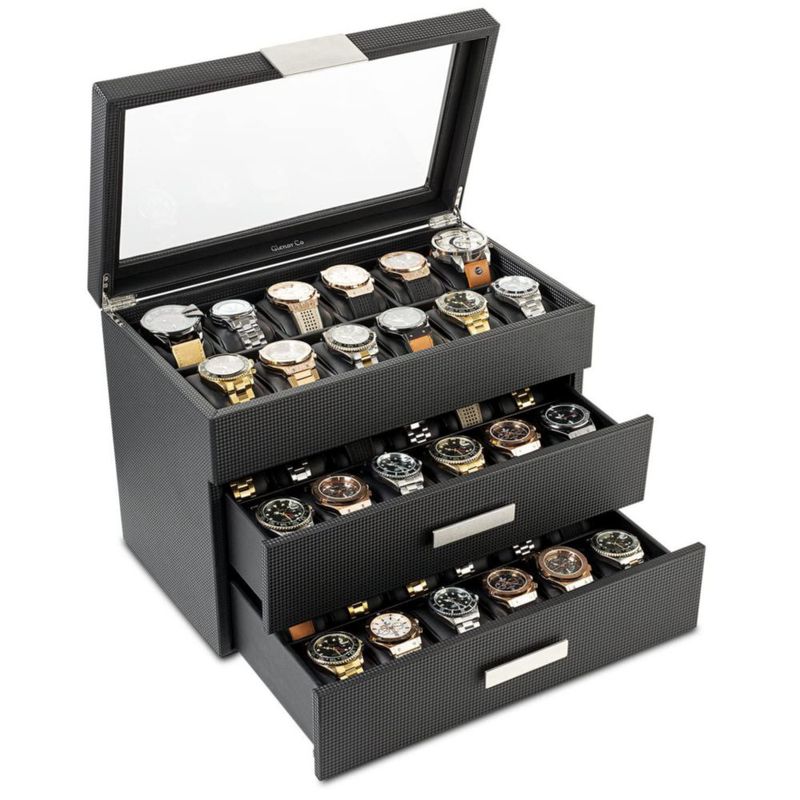 Caja de relojes Glenor de 36 compartimentos fibra de carbono negra