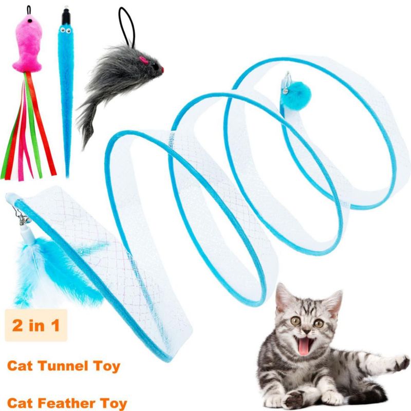 Túnel para gato CATENEED plegable azul con 5 juguetes