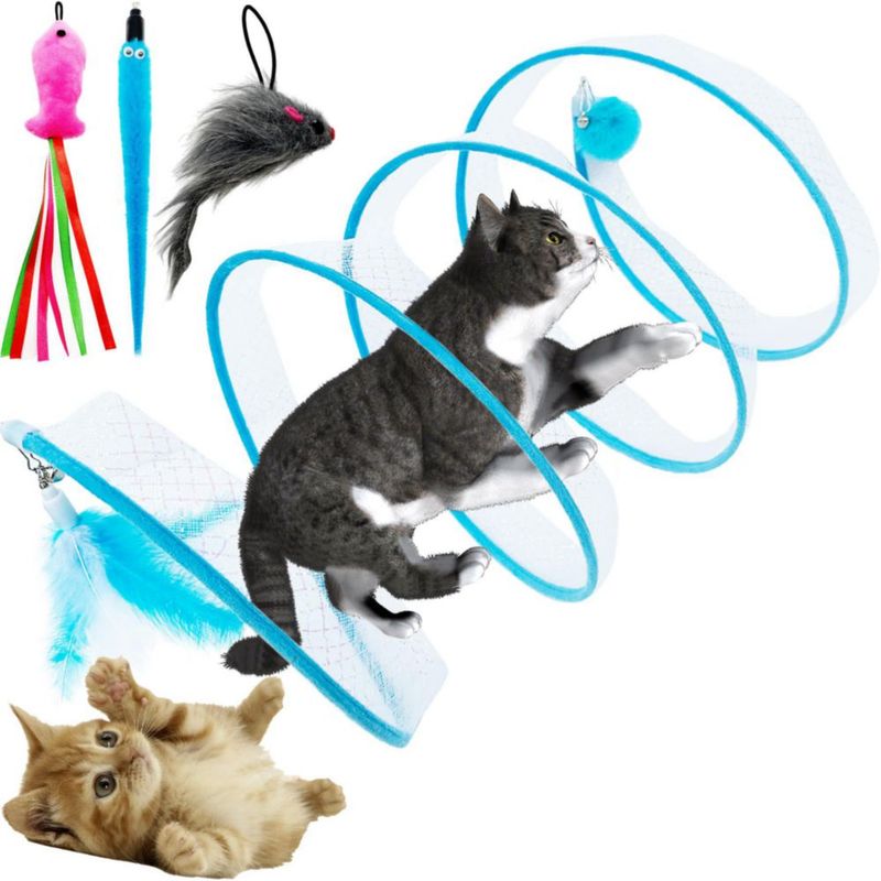 Túnel para gato CATENEED plegable azul con 5 juguetes