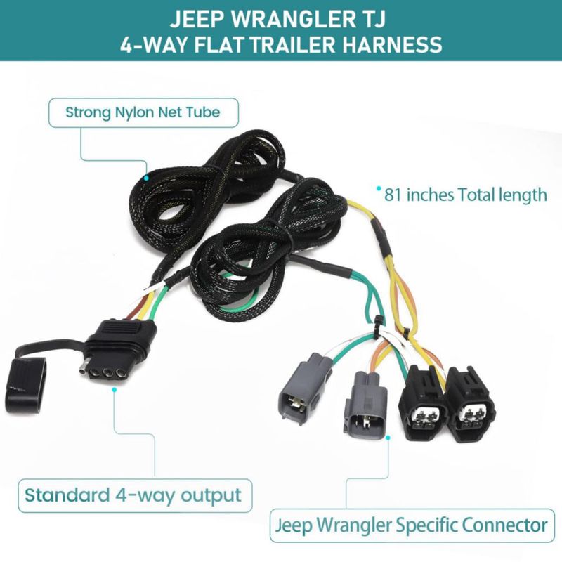 Arnés de cableado plano de 4 vías MECMO 200 cm para Jeep Wrangler TJ 1998‑2006