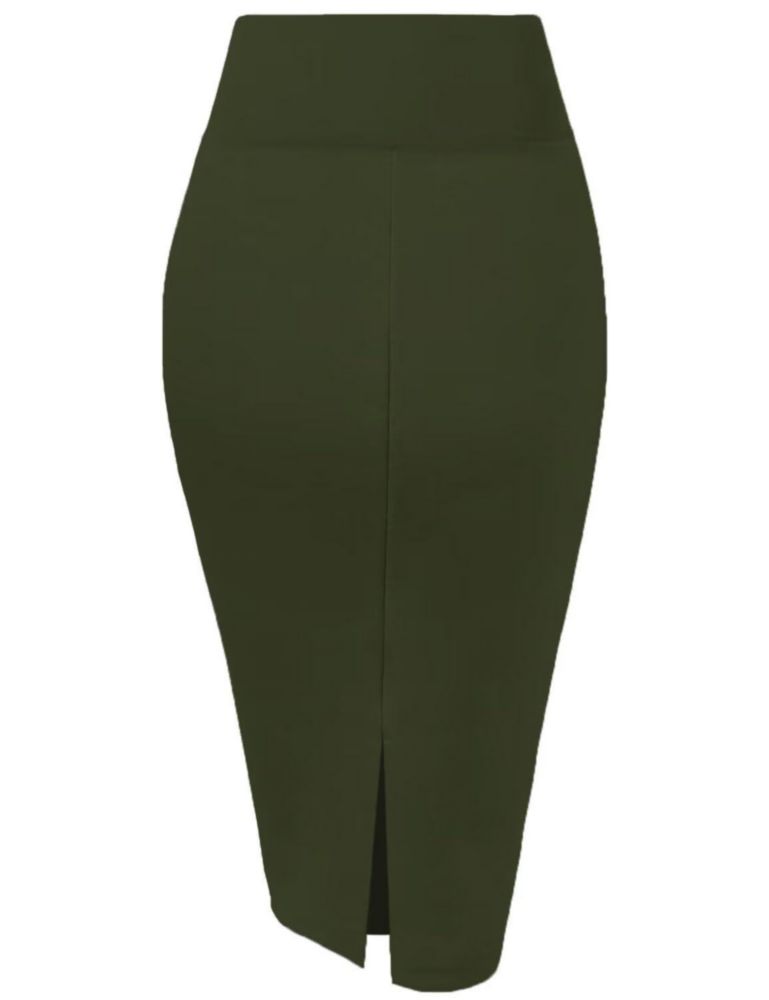 Falda Hybrid & Company L Olive Ponte Stretch de cintura alta hasta la rodilla