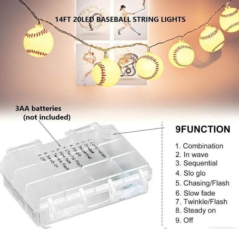Luces de cadena YEAMAR 14 ft (427 m) 20 LED con forma de béisbol