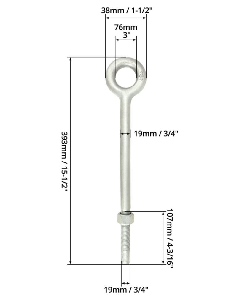 Perno de ojo QWORK 3/4" (19 cm) x 30 cm galvanizado - paquete de 2