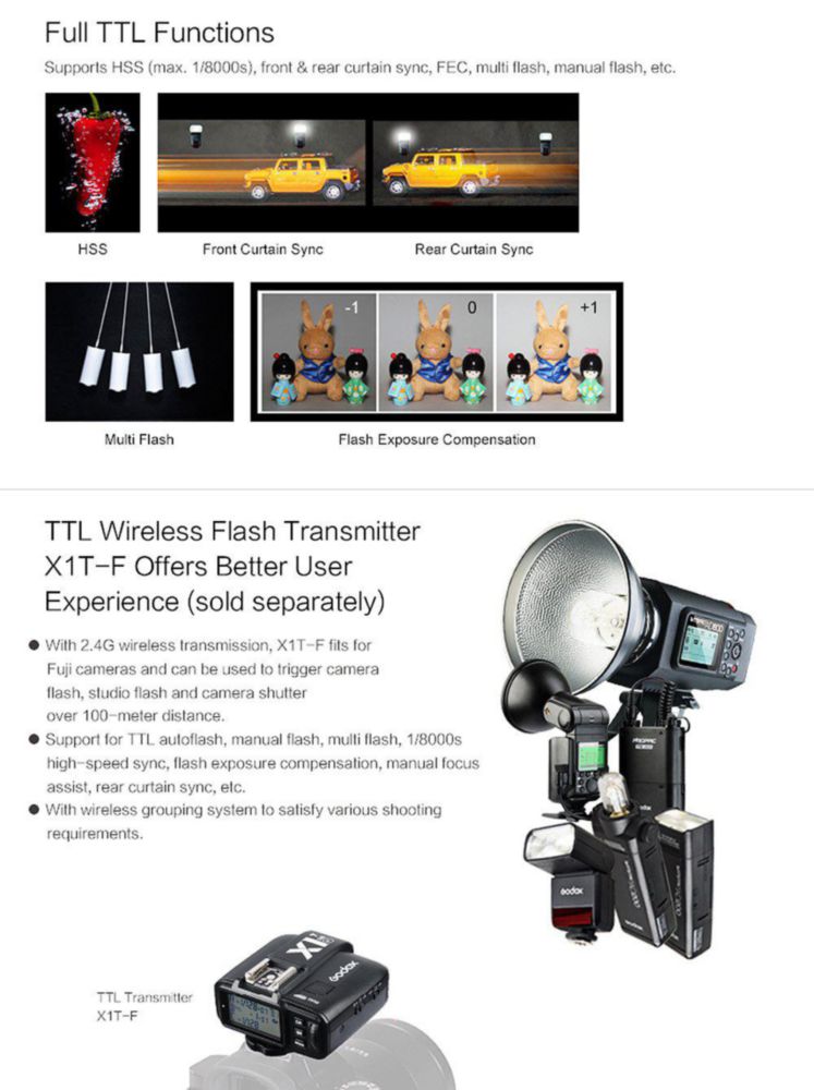 Flash GODOX TT350F 2.4G TTL GN36 para Fuji