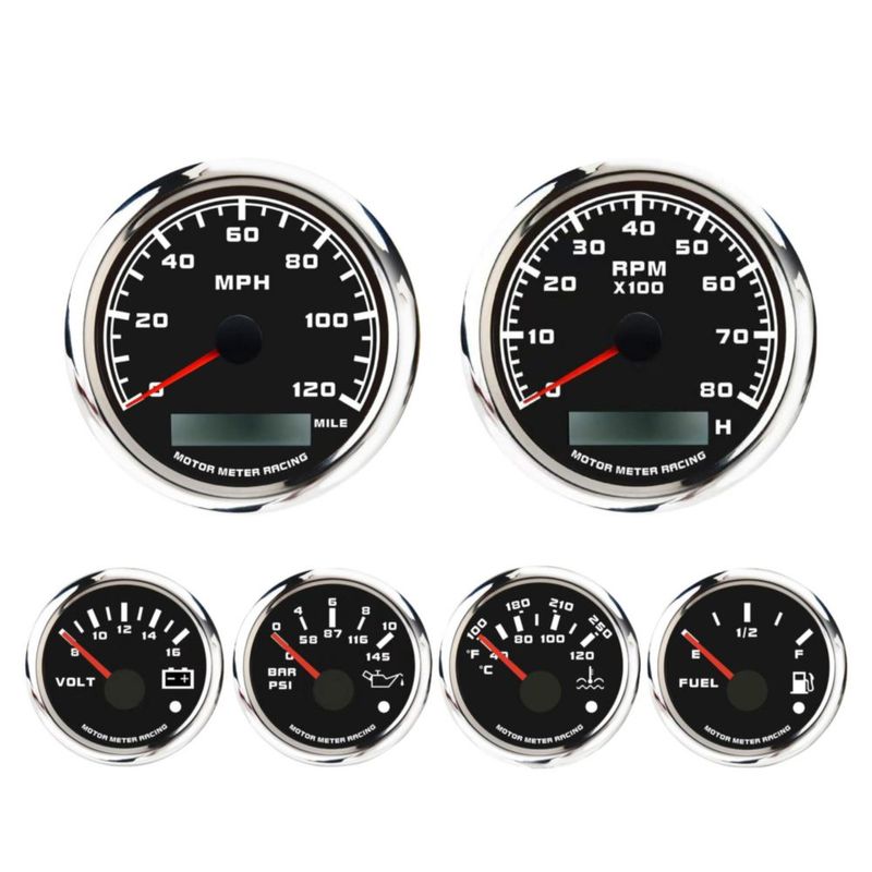 Juego de 6 medidores MOTOR METER RACING 85 mm/52 mm con esfera negra