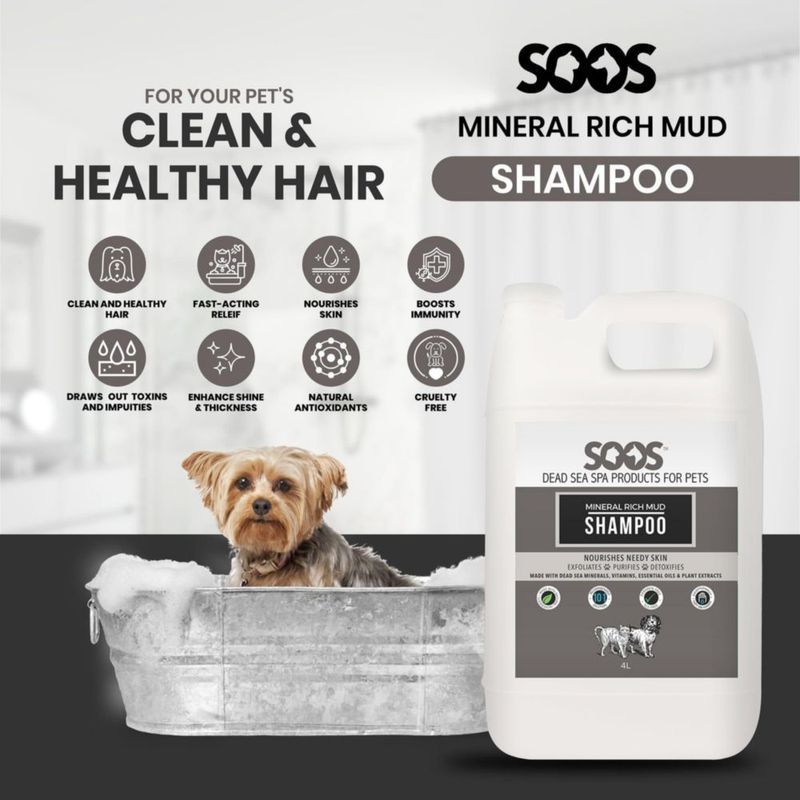 Champú para mascotas SOOS 4 L – Barro mineral rico en minerales del Mar Muerto para gatos y perros