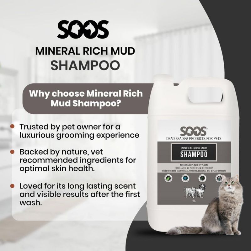 Champú para mascotas SOOS 4 L – Barro mineral rico en minerales del Mar Muerto para gatos y perros