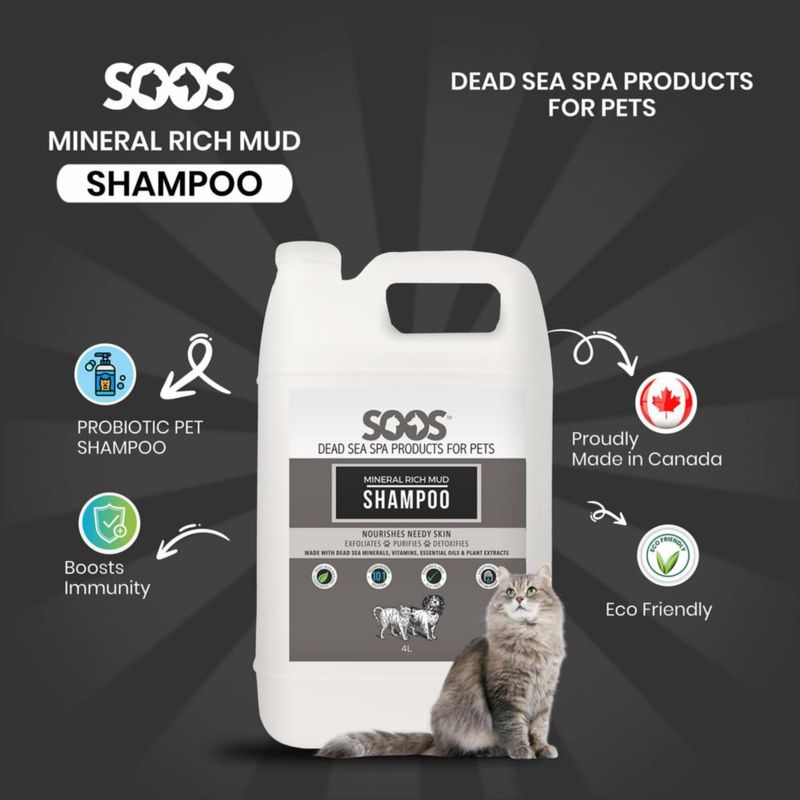 Champú para mascotas SOOS 4 L – Barro mineral rico en minerales del Mar Muerto para gatos y perros
