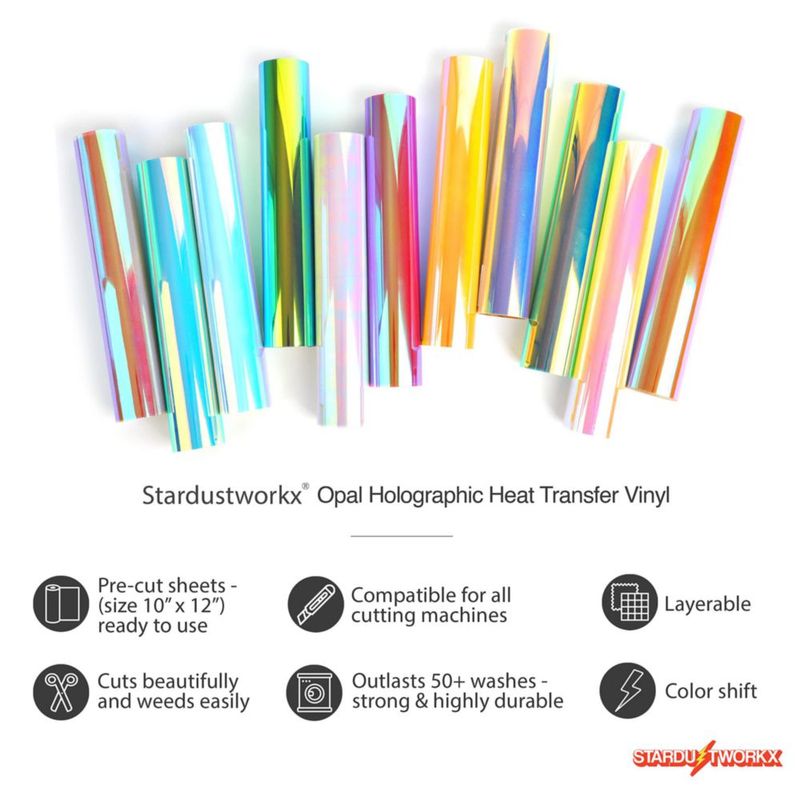 Vinilo termoadhesivo HTV Stardustworkx 25 cm x 30 cm paquete de 11 hojas holográficas