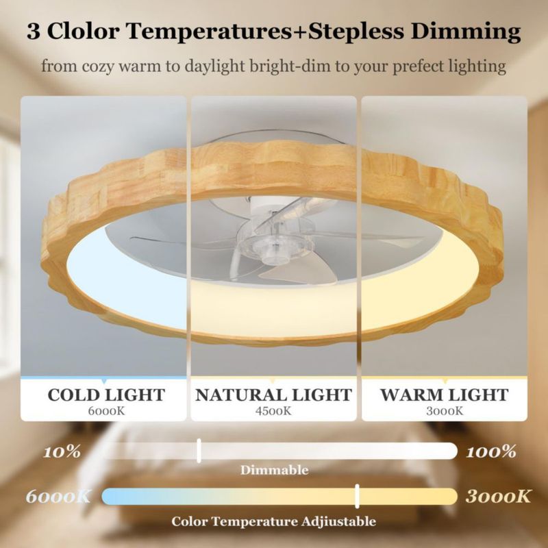 Ventilador de techo Chunnwin 51 cm de bajo perfil con diseño floral de madera y luz