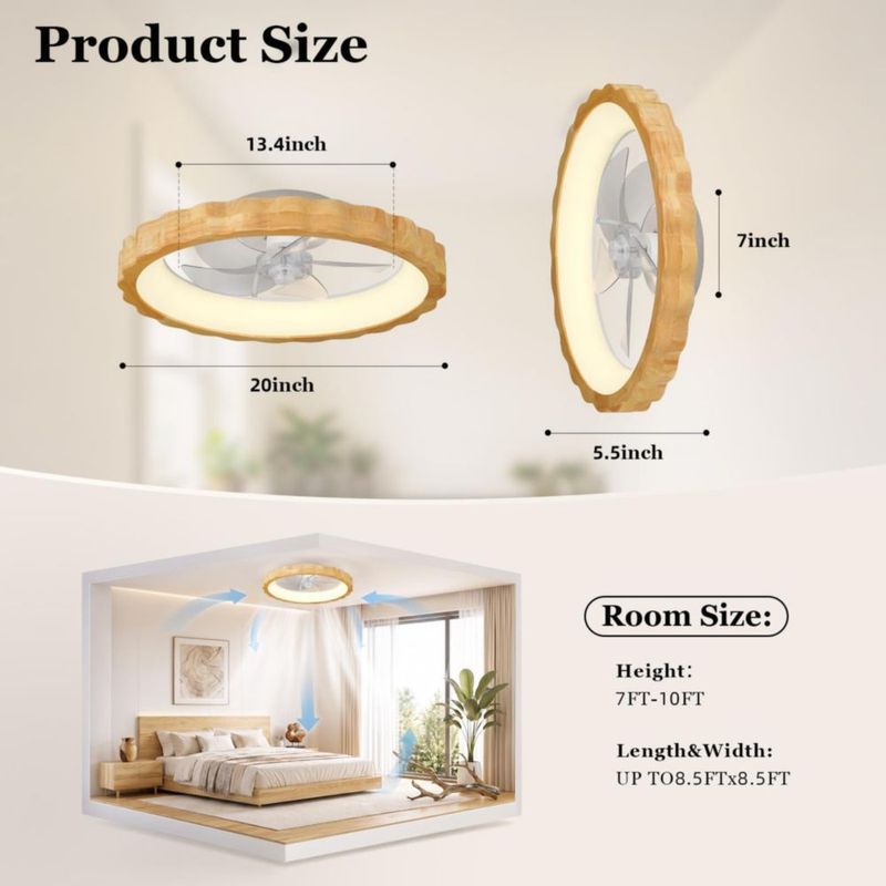 Ventilador de techo Chunnwin 51 cm de bajo perfil con diseño floral de madera y luz