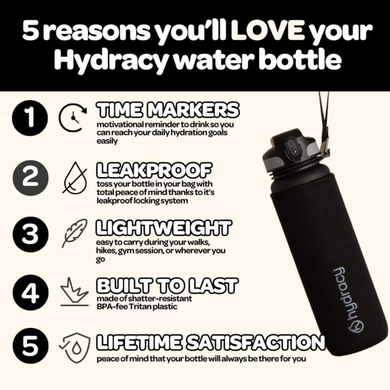 Botella Hydracy 1000 ml con Marcador de Tiempo y Tapa con Pajilla