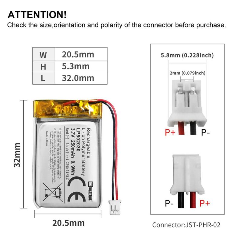 Batería Lipo EEMB 3.7V 250mAh JST 2.0mm (Pack de 4)
