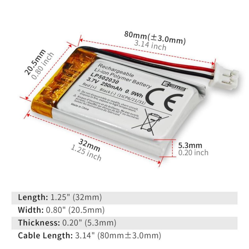Batería Lipo EEMB 3.7V 250mAh JST 2.0mm (Pack de 4)