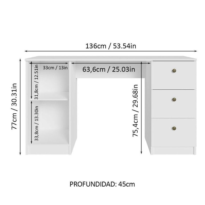 Escritorio para computadora madesa con 3 cajones blanco