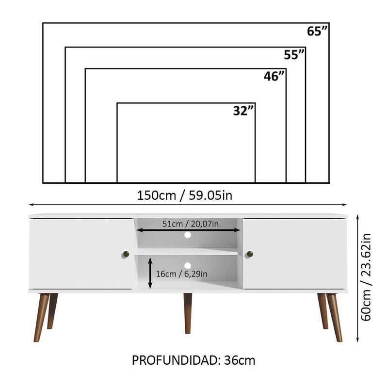 Mueble mesa para tv rack madesa 2 puertas hasta 65 blanco 02