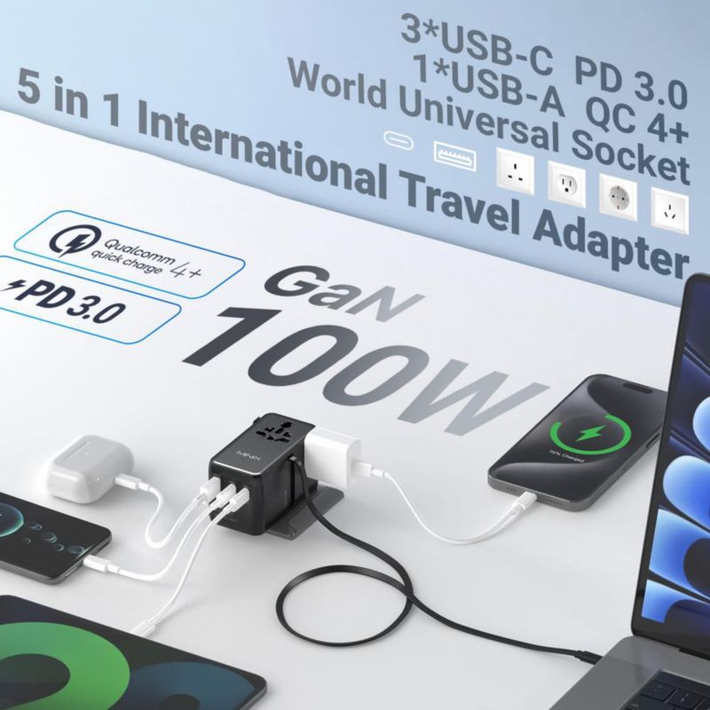 Adaptador de Viaje MINIX 100W USB-C GaN III 5‑en‑1