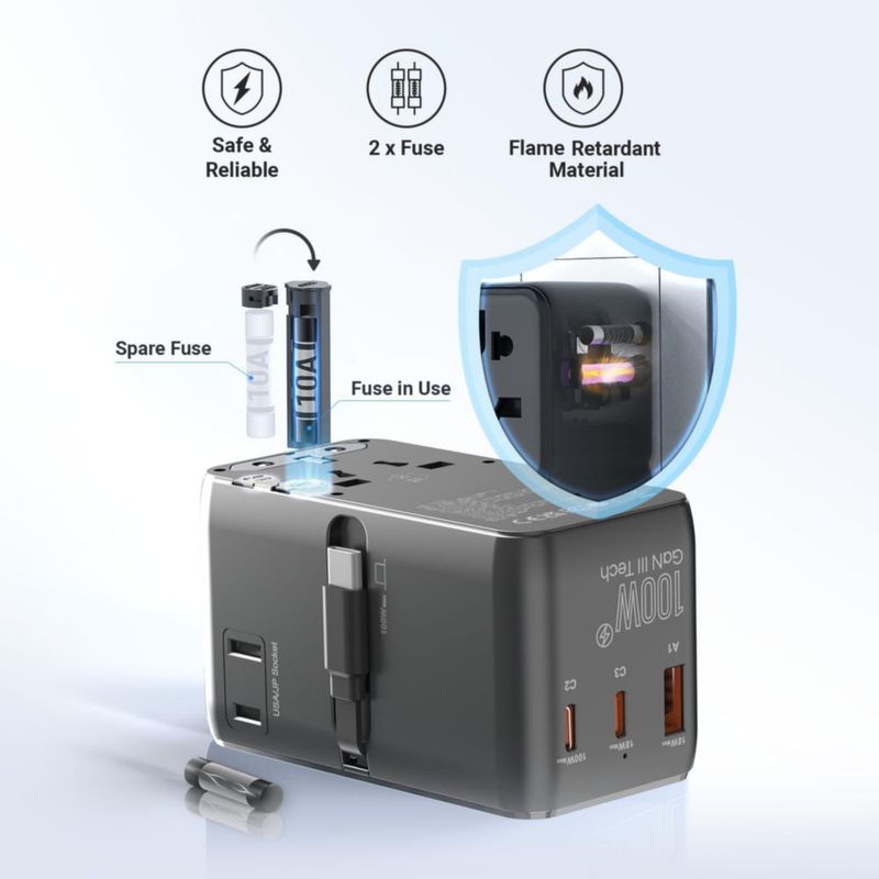 Adaptador de Viaje MINIX 100W USB-C GaN III 5‑en‑1