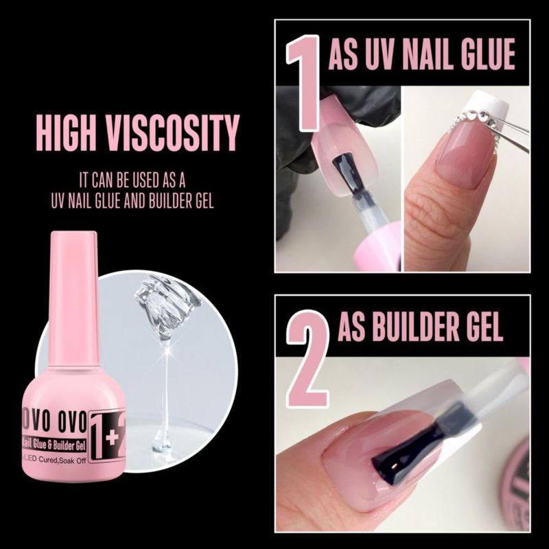 Kit de Pegamento UV para Uñas NOVO OVO 2×10 ml + Capa Superior de Gel UV