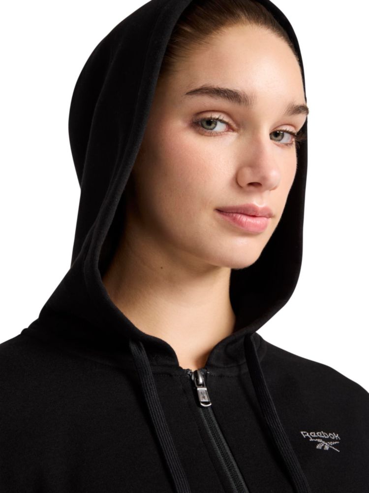 Sudadera Reebok con lentejuelas y cremallera completa negra talla grande