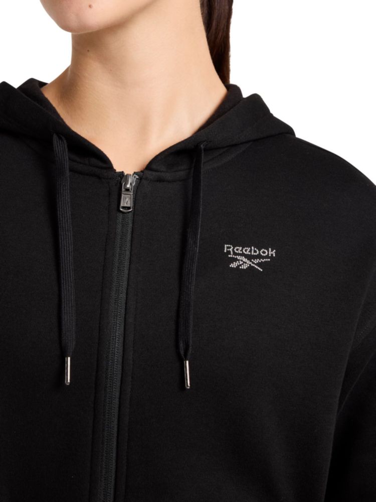 Sudadera Reebok con lentejuelas y cremallera completa negra talla grande